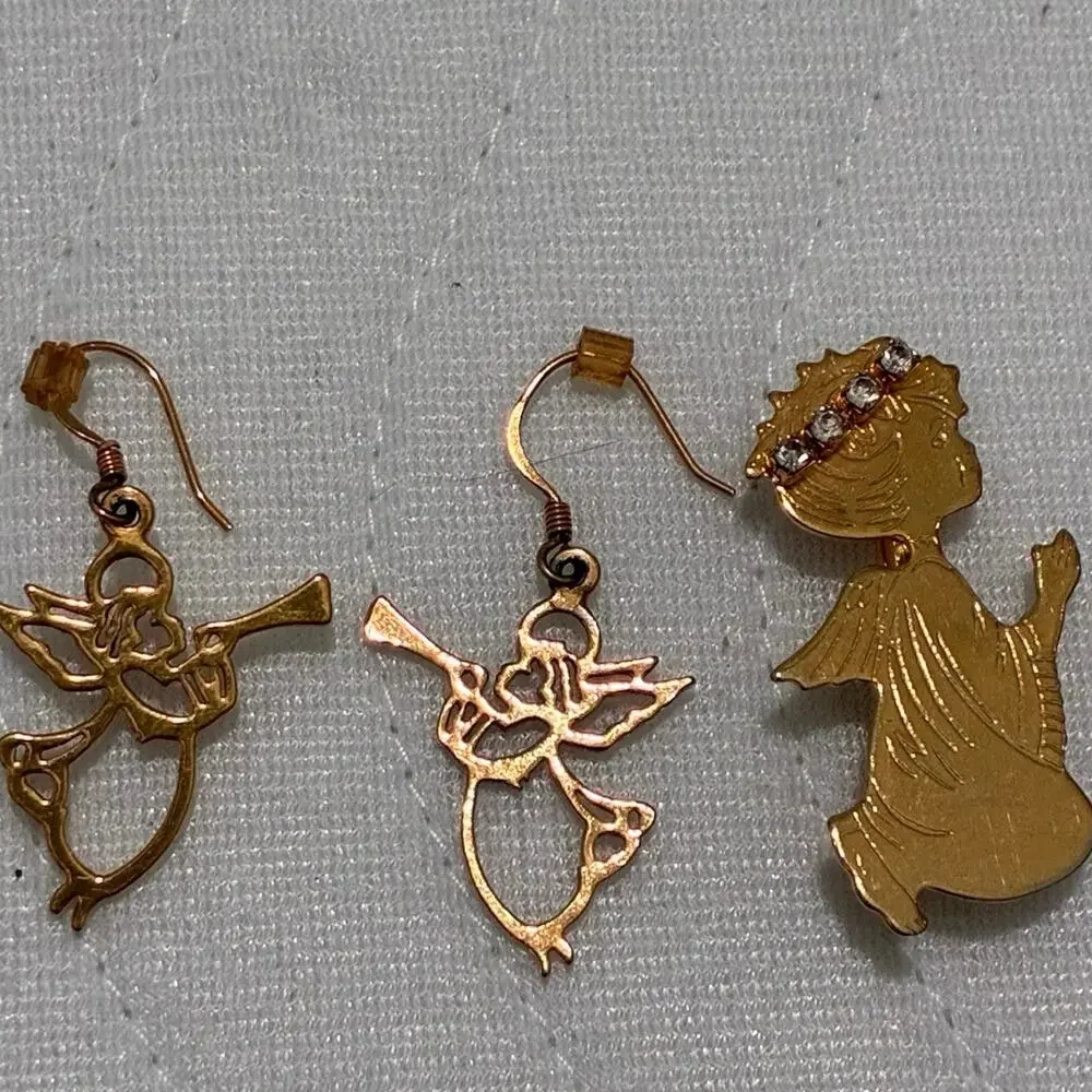 Vintage Christmas Angel Jewelry Lot Gold Tone Trumpet Earrings Angel Brooch